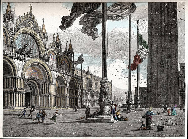 Engraving Poster featuring the digital art Piazza San Marco in Venice by Raffaella Lunelli