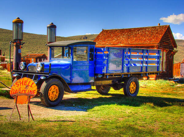 Antique Truck Poster featuring the photograph Shell Gas Station and Blue Truck in Bodie Ghost Town by Scott McGuire
