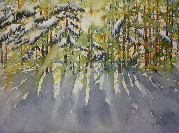 Pine Trees Poster featuring the painting Sun Through the Pines by Terry Honstead