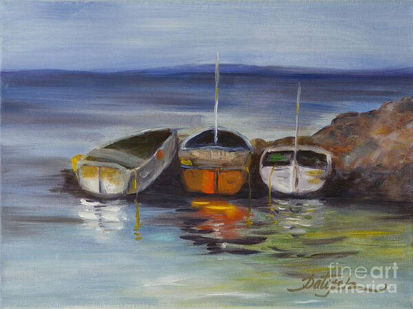 Three Boats Docked Prints Poster featuring the painting Three Boats by Pati Pelz
