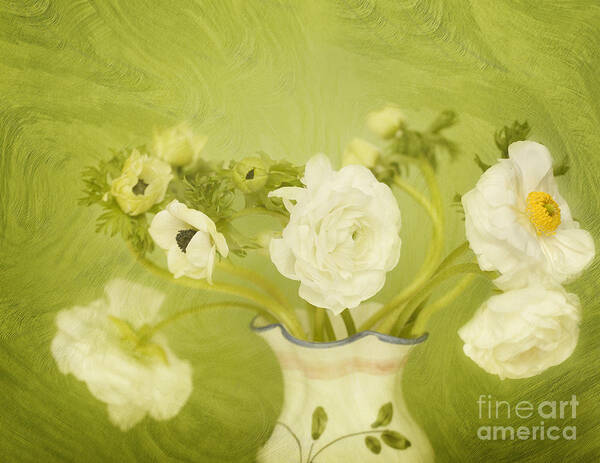 Ranunculus Poster featuring the photograph White Anemonies and Ranunculus on Green by Susan Gary