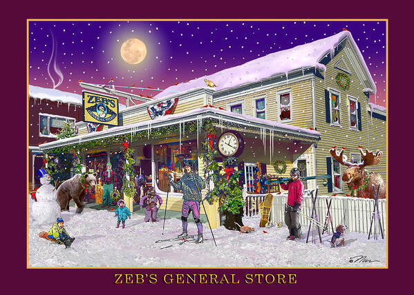 Zebs General Store Poster featuring the digital art Winter at Zebs General Store in North Conway NH by Nancy Griswold