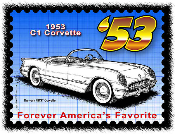 1953 Corvette Poster featuring the drawing year-By-Year 1953 Corvette by K Scott Teeters