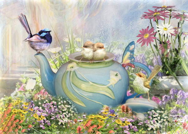 Wren Poster featuring the digital art Tiny Tea Party by Trudi Simmonds