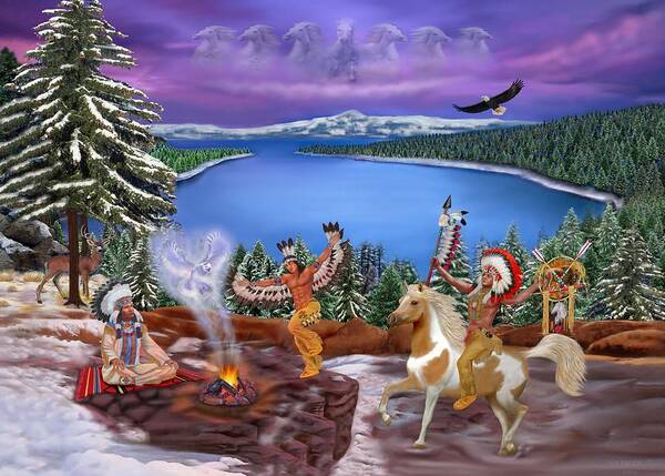 Native American Indian Art Poster featuring the digital art Among The Spirits by Glenn Holbrook