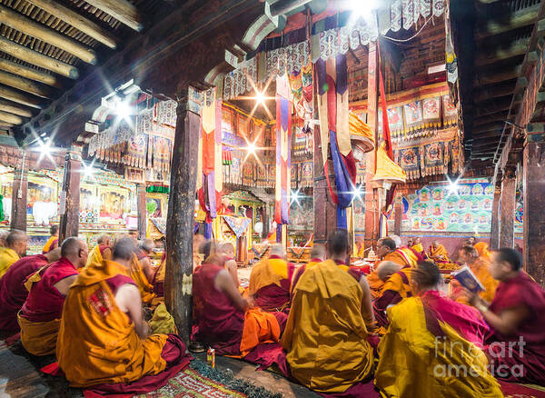 Buddhism Poster featuring the photograph Buddhist monks praying in Thiksay monastery #1 by Didier Marti