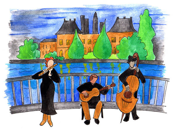 Art Poster featuring the painting Jazz Trio on Pont Ile Saint Louis by Anna Elkins