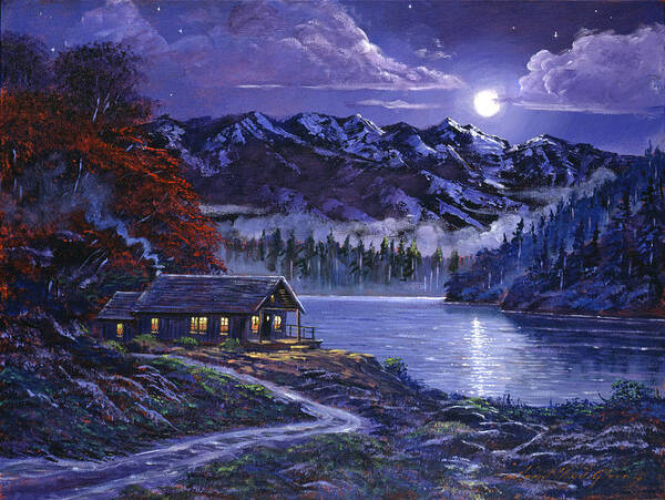 Moonlit Cabin Poster featuring the painting Moonlit Cabin #1 by David Lloyd Glover