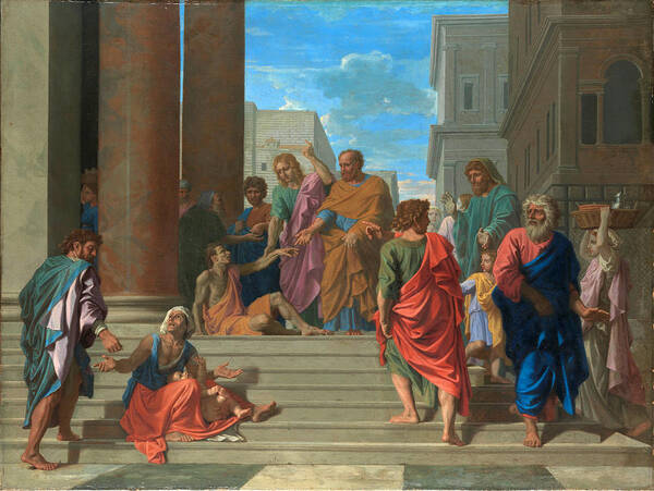 Nicolas Poussin Poster featuring the painting Saints Peter and John Healing the Lame Man #4 by Nicolas Poussin