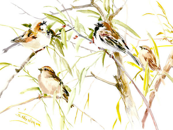 Sparrow Poster featuring the painting Sparrows #1 by Suren Nersisyan