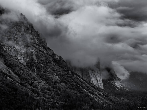 Yosemite Poster featuring the photograph Yosemite Valley Panorama in Black and White by Alexander Fedin