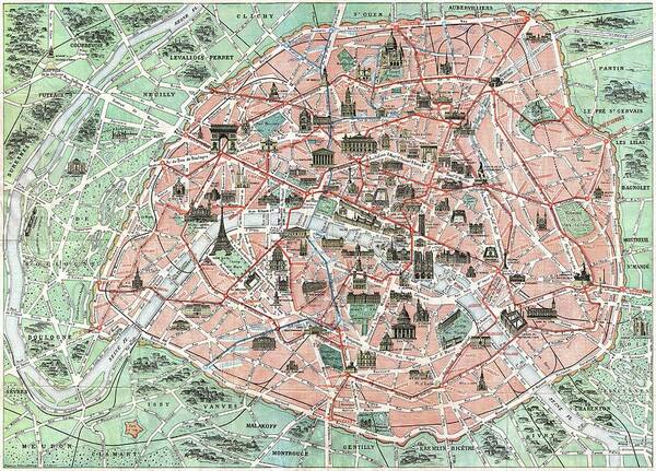 1932 Robelin Map Of Paris Poster featuring the photograph 1932 Robelin Map of Paris France wMonuments by Paul Fearn