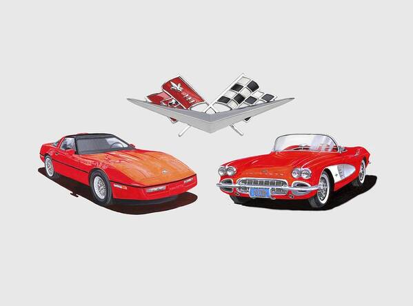 Tee Shirt Art Layout Of A 1986 & A 1961 Corvette Poster featuring the painting 1986 and 1961 Corvettes by Jack Pumphrey