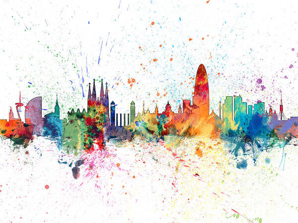 Barcelona Poster featuring the digital art Barcelona Spain Skyline #6 by Michael Tompsett