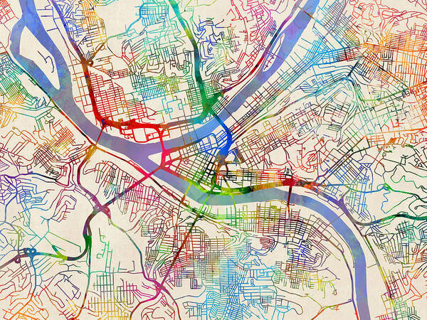 Street Map Poster featuring the digital art Pittsburgh Pennsylvania Street Map #6 by Michael Tompsett