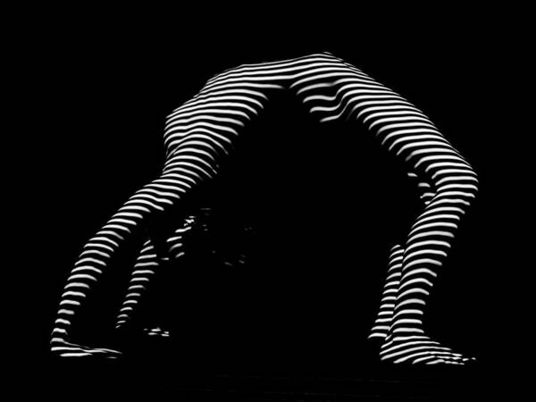 Woman Poster featuring the photograph 9454-DJA Back Bend Yoga Zebra Girl Striped Curves Black White Photograph by Chris Maher by Chris Maher
