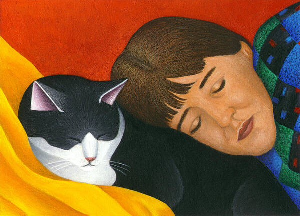 Black And White Cat Poster featuring the painting A Cat is a Furry Pillow by Carol Wilson