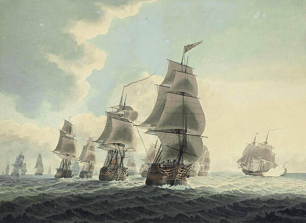 A squadron of the Royal Navy running down the Channel and An East Indiaman preparing to sail by Attributed to Samuel Atkins