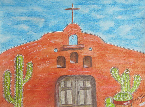 Adobe Poster featuring the painting Adobe Church and Cactus by Kathy Marrs Chandler