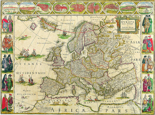 Antique Poster featuring the painting Antique Maps of the World Map of Europe Willem Blaeu c 1650 by Vintage Collectables