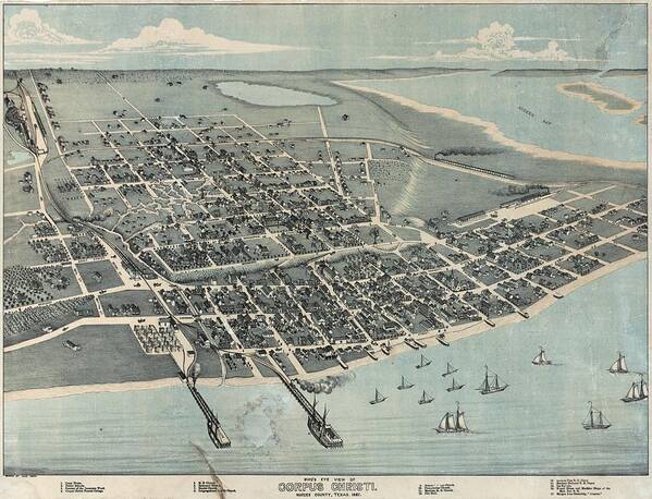 Antique Birds Eye View Map Of Corpus Christi Poster featuring the drawing Antique Maps - Old Cartographic maps - Antique Birds Eye View Map Of Corpus Christi, Texas, 1887 by Studio Grafiikka