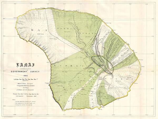 Antique Map Of Lanai Poster featuring the drawing Antique Maps - Old Cartographic maps - Antique Government Land Office Map of Lanai, Hawaii, 1878 by Studio Grafiikka