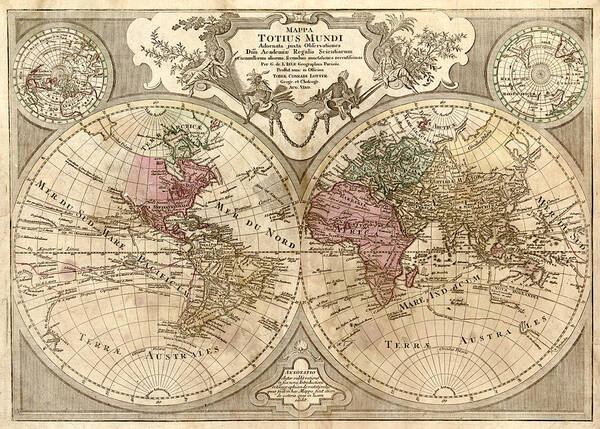 Antique Map Of The World Poster featuring the drawing Antique Maps - Old Cartographic maps - Antique Map of the World, Globe - Mappa Mundi by Studio Grafiikka