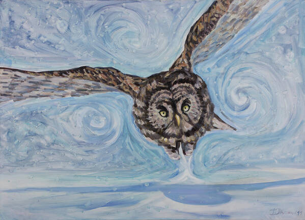 Owl Flight Bird Aerodynamic Snow Air Winter White Sky Chase Snowflake Prey Raptor Wing Poster featuring the painting Attack Form The Sky by Marco Busoni