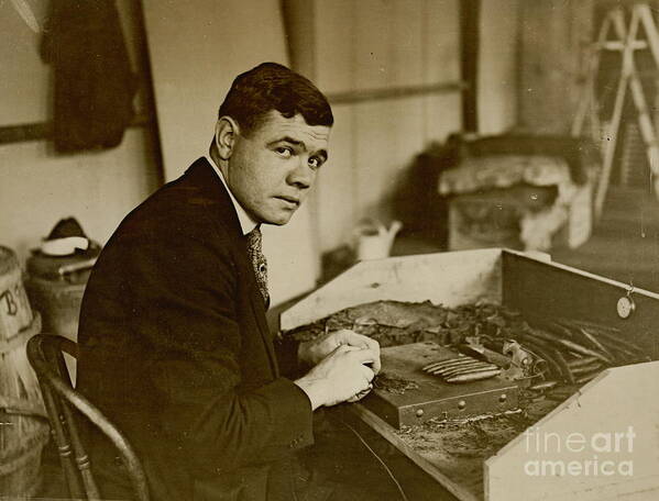 Babe Ruth Rolls Cigars 1919 Poster featuring the photograph Babe Ruth Rolls Cigars 1919 by Padre Art