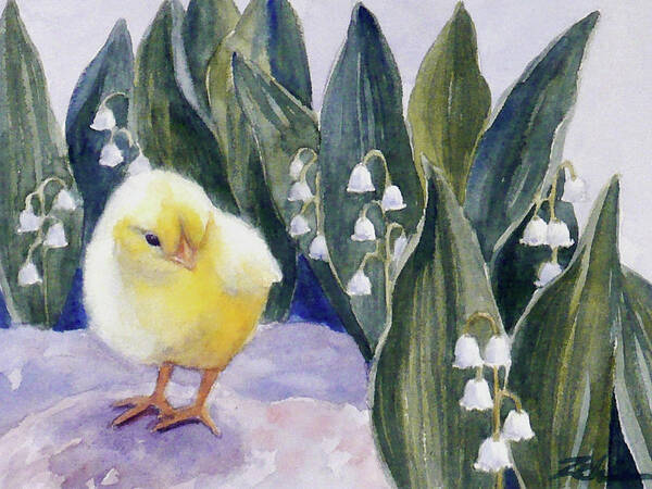 Baby Chick Poster featuring the painting Baby Chick and Lily of the Valley Flowers by Janet Zeh