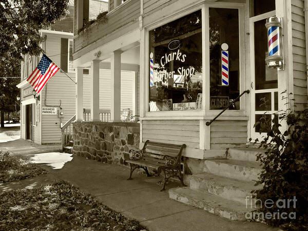Flag Poster featuring the photograph Clarks Barber Shop with Color by Tom Brickhouse
