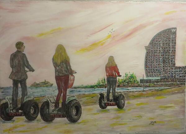 Sea Poster featuring the painting Barcelona Segway by Sam Shaker