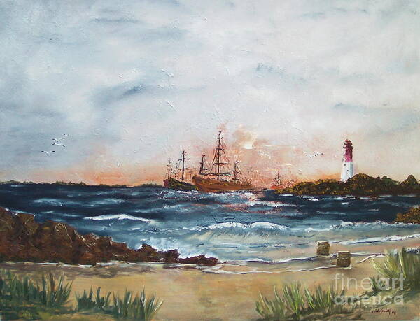 Barnegat Lighthouse Nj Beach Ocean Boats Ship Poster featuring the painting Barnegat Lighthouse by Miroslaw Chelchowski