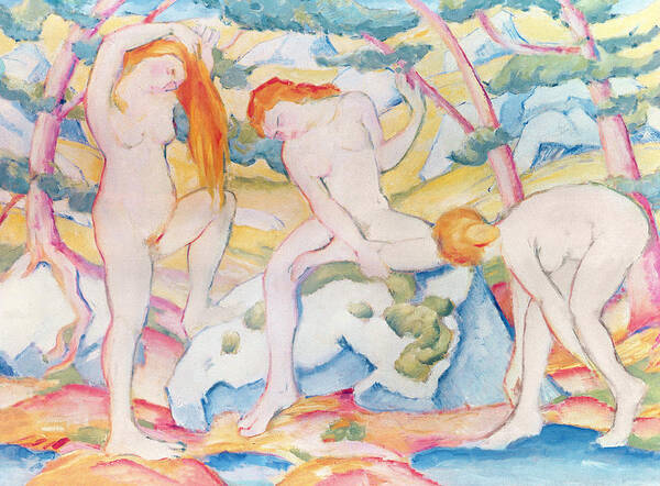 Bathing Poster featuring the painting Bathing Girls by Franz Marc