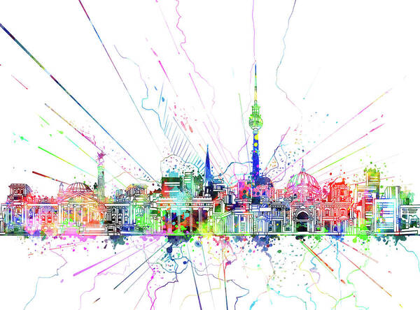 Berlin Poster featuring the digital art Berlin City Skyline Watercolor 2 by Bekim M