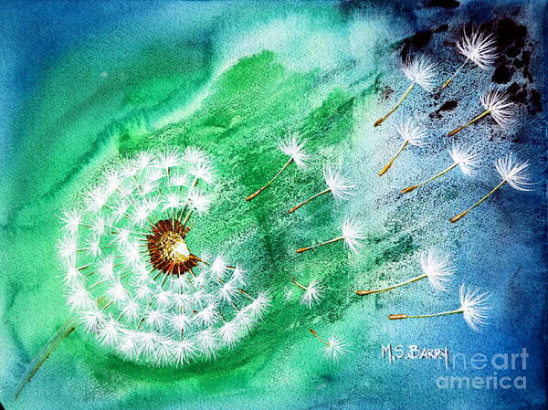 Dandelion Art Poster featuring the painting Blown Away by Maria Barry