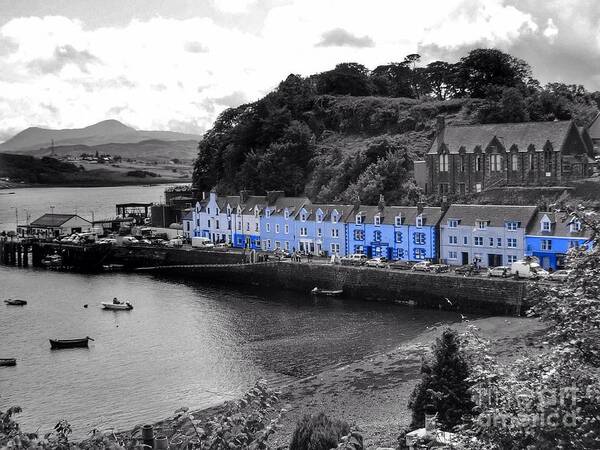Portree Poster featuring the photograph Blue Cottages at Portree Harbour 5 by Joan-Violet Stretch