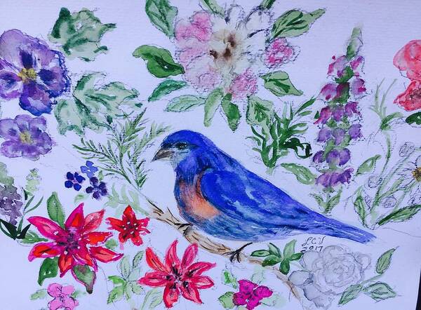 Bluebird Poster featuring the painting Bluebird in a garden by Lucille Valentino