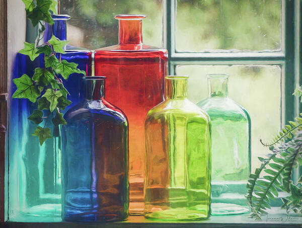 Blue Poster featuring the photograph Bottles in the Window by Teresa Wilson
