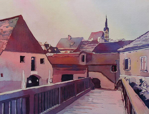 Czech Republic Poster featuring the painting Bridge to Cesky Krumlov by Jenny Armitage