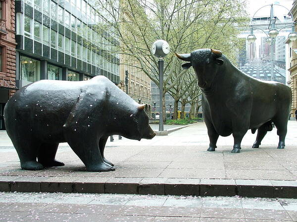 Statue Poster featuring the photograph Bull and Bear by Martina Fagan
