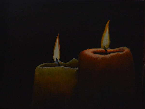 A Painting Of Two Candles With A Burning Flame. The Background Is Black. There Is A Small Yellow Candle Next To A Larger Orange Candle. Poster featuring the painting Candle Light by Martin Schmidt