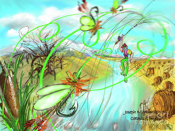 Flys Fishing Poster featuring the digital art Catails and Flys by Joseph Mora