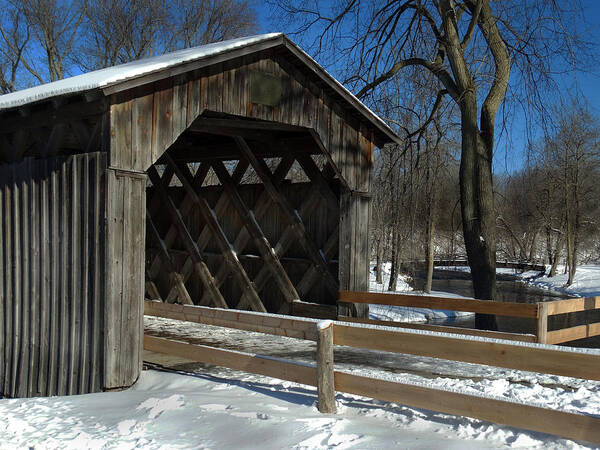 Covered Bridge Poster featuring the photograph Cedarburg Covered Bridge in Winter by David T Wilkinson