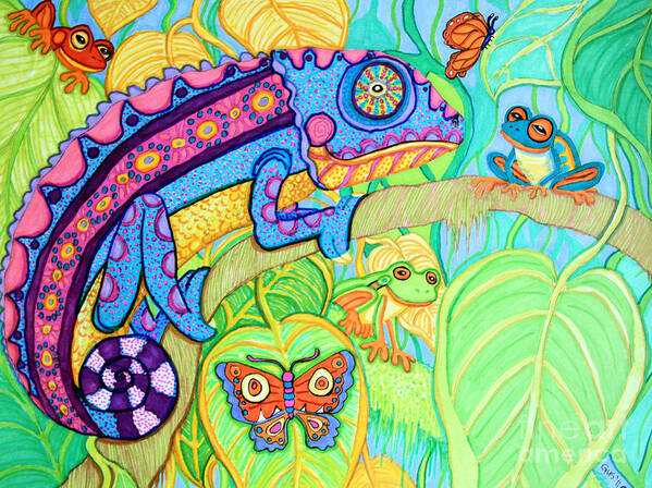 Chameleon Poster featuring the drawing Chamelion and Rainforest Frogs by Nick Gustafson