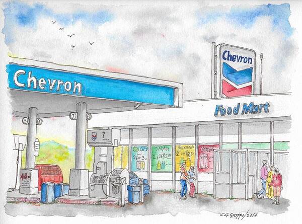 Chevrom Poster featuring the painting Chevron Food Mart in Ludlow, California by Carlos G Groppa