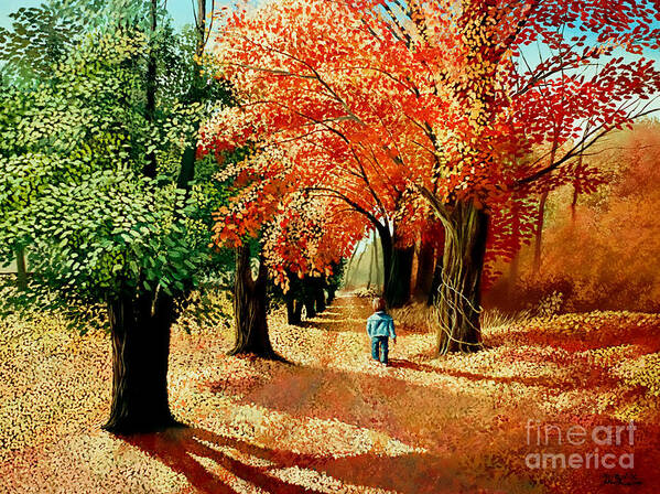 Fall Poster featuring the painting Child walking into the Autumn Forest by Christopher Shellhammer