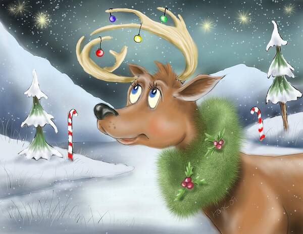 Childrens Art Poster featuring the digital art Christmas Deer by Hank Nunes