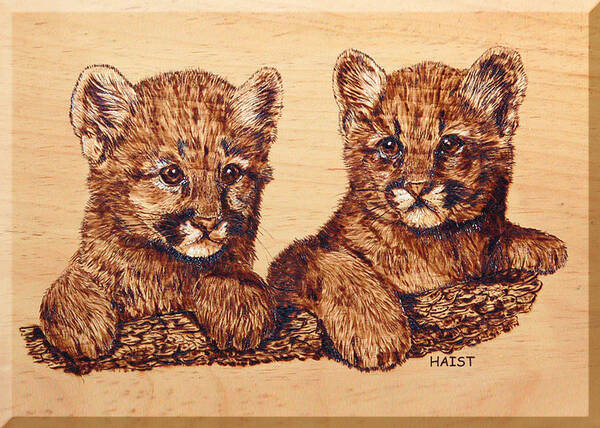 Cougar Poster featuring the pyrography Cougar Cubs by Ron Haist