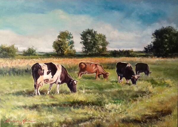 Cows Poster featuring the painting Cows on the pasture by Luke Karcz
